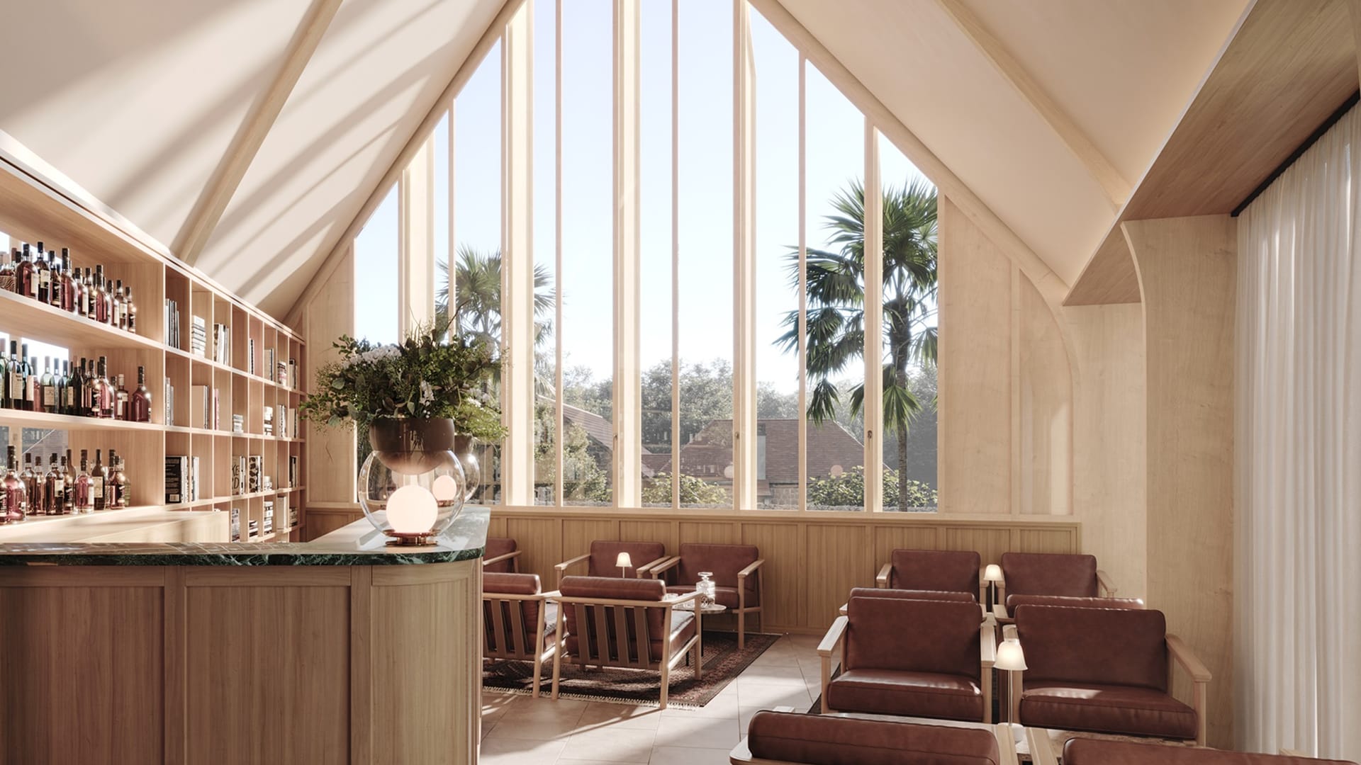 Salon moderne avec bar en bois lumineux, Hôtel Restaurant à Souillac, Maison Borrèze