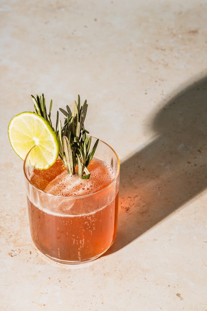 Cocktail aux herbes, tranches de citron vert, Hôtel Restaurant à Souillac, Maison Borrèze