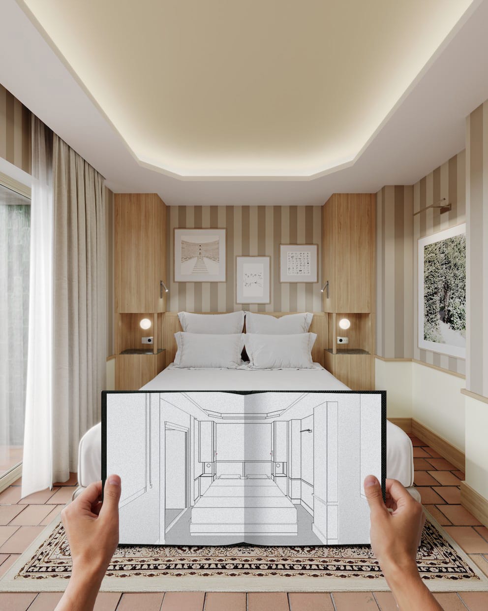 Chambre moderne avec croquis intérieur sur livre, Hôtel de Charme Dordogne avec Piscine, Maison Borrèze