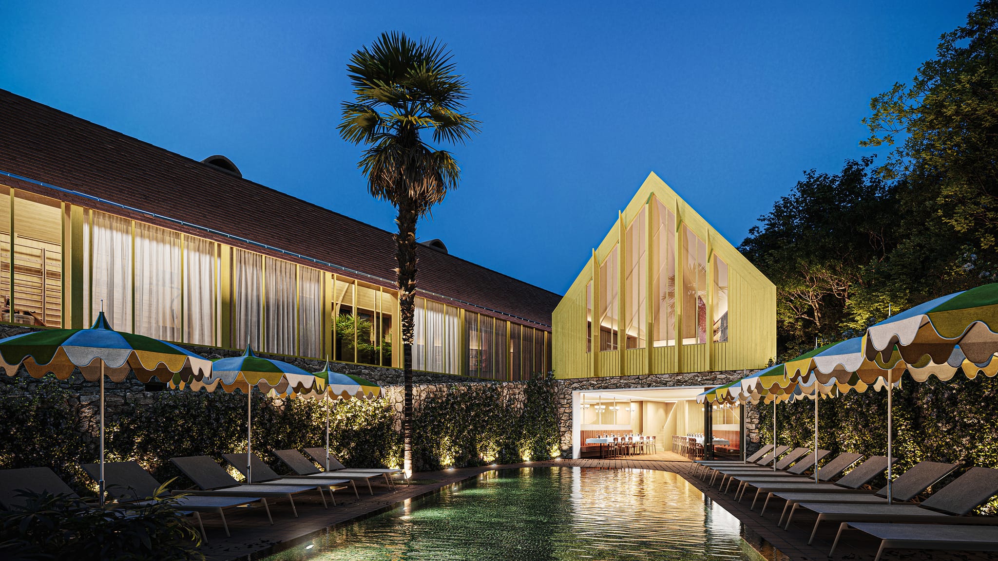 Hôtel moderne avec piscine et parasols le soir, Hôtel à Souillac, Maison Borrèze