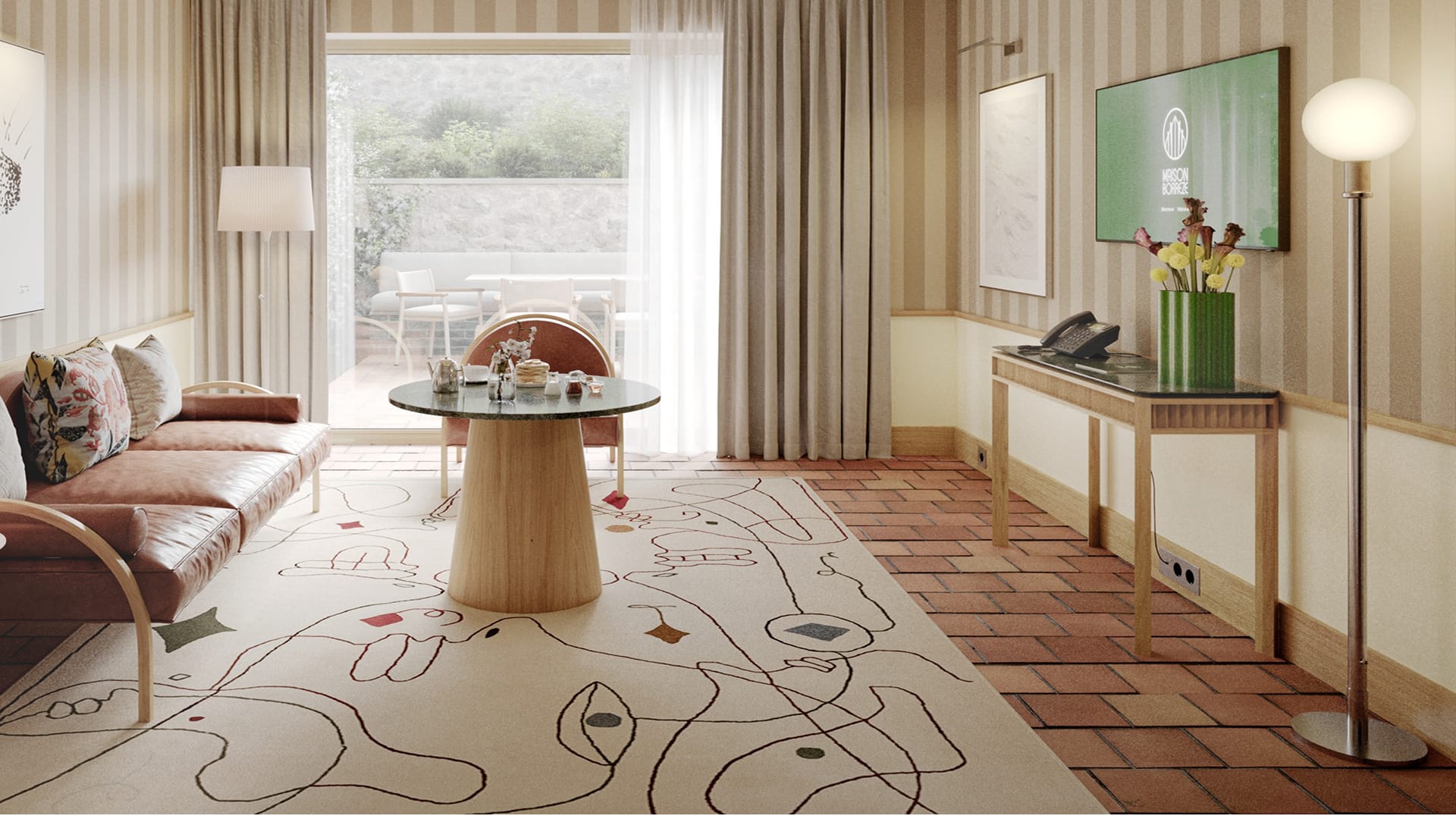 Salon moderne avec tapis artistique et éclairage naturel, Hôtel Restaurant à Souillac, Maison Borrèze