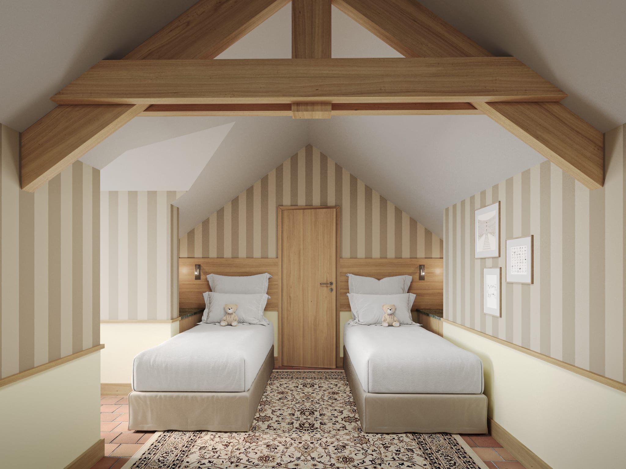 Chambre grenier avec deux lits simples et poutres apparentes, Hôtel dans le Lot, Maison Borrèze.